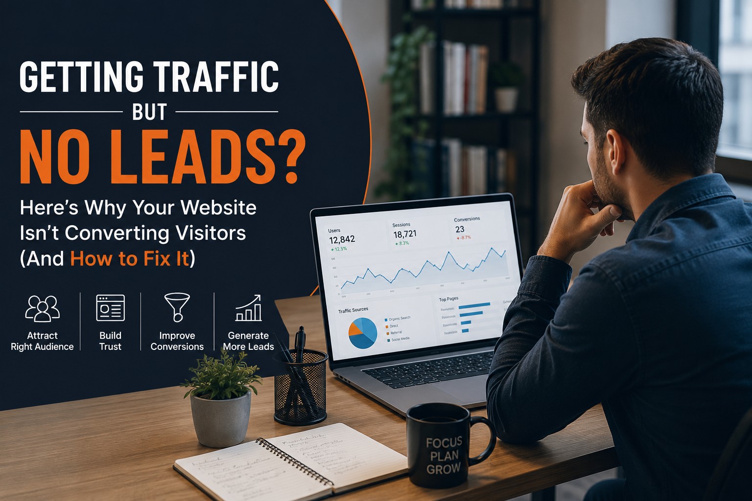 Business owner reviewing website traffic and lead generation performance